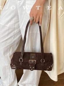 low tea 1pc Baguette Snap Rivet Suede Fabric Shoulder Bag Suitable For Commuting, Shopping, Etc. - Coffee - View 7