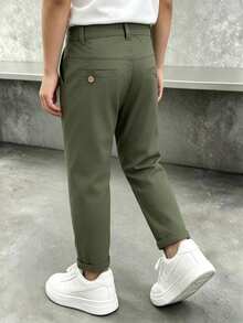 男童刺繡Logo咖啡色純棉休閒長褲，春秋款 - 軍綠色 - 查看 12