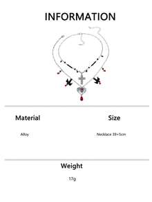 2pcs/Set Sweet Cool Punk Multi-Layer Necklace With Cross, Heart And Bird Pendant, Black And Red Contrast Color Layered Collarbone Chain Accessory - Black and Red - View 6