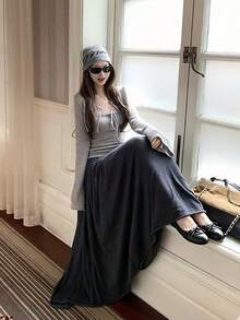 Setelan 2 Potong Cardigan Rajut Pendek Wanita dengan Model Bandeau Ikat Depan, Gaya Baru Musim Gugur - Grey - View 5