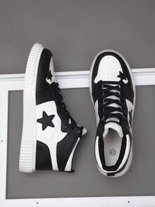 Men's Youthful Style High-Top Black & White Star Design Casual Sports Shoes Suitable For Daily Wear And Everyday Use - Black and White - View 4