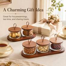 1pc Wooden Tray & Glass Bowl Set With Lid, Multi-Compartment Storage Container For Nuts, Candies And Desserts, Home Kitchen Tabletop Decor - Maroon - View 5