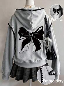Lurzo Girls' Sweet & Playful Cute Colorblock Faux Shoulder Hooded Sweatshirt, Shell Trim & Butterfly Print Pullover Sweatshirt, Cute Loose Fit, Suitable For Daily Casual Wear - Grey - View 1