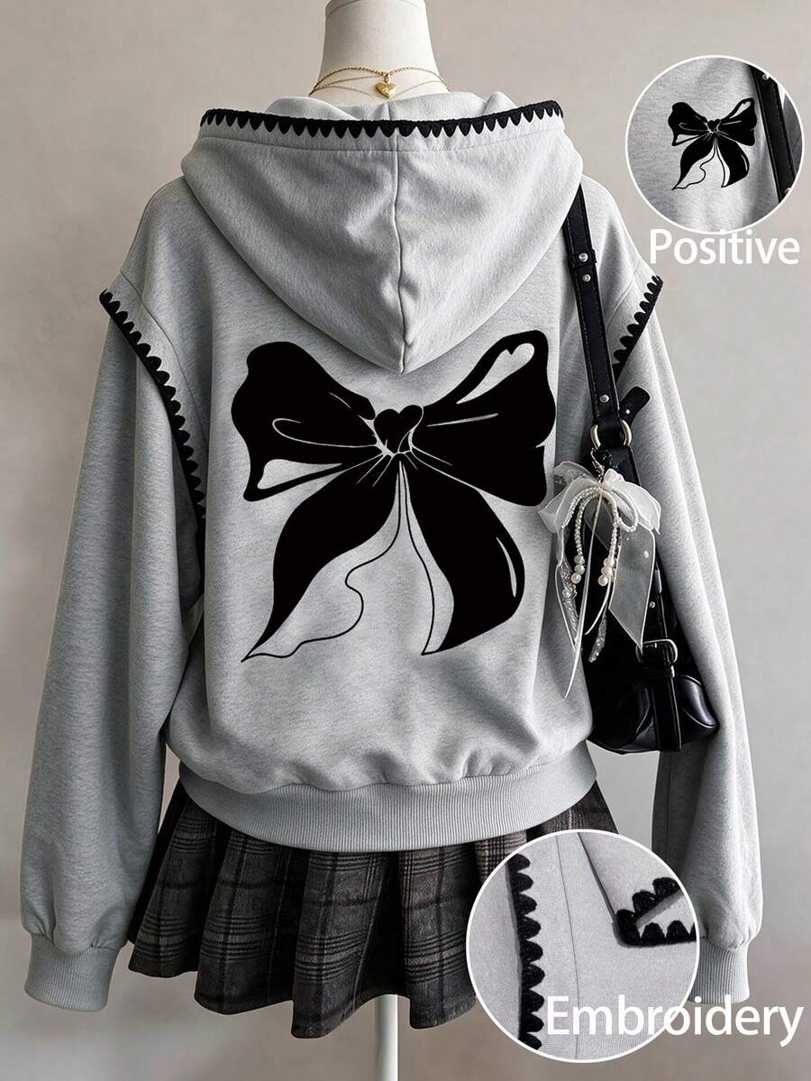 Lurzo Girls' Sweet & Playful Cute Colorblock Faux Shoulder Hooded Sweatshirt, Shell Trim & Butterfly Print Pullover Sweatshirt, Cute Loose Fit, Suitable For Daily Casual Wear - Grey - View 1