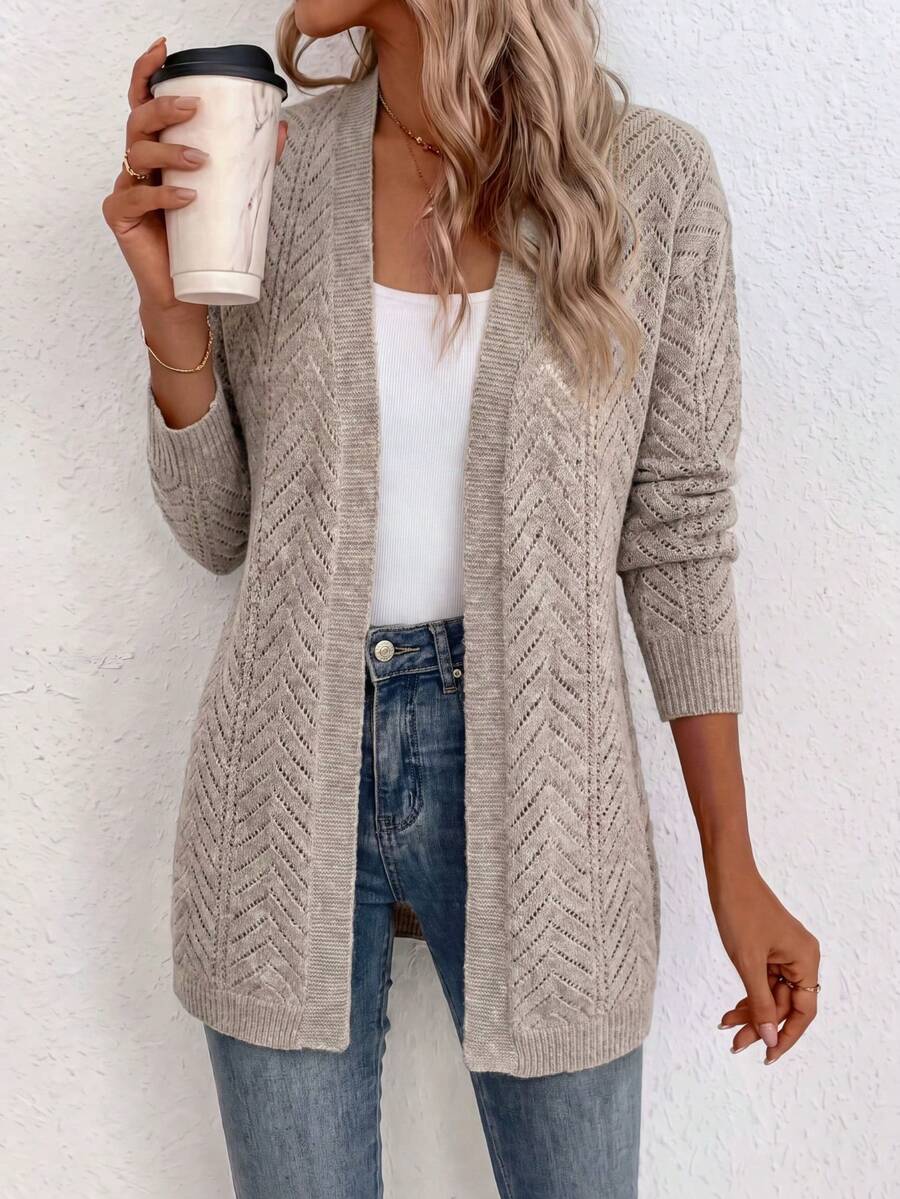 Plus Size Women's V-Neck Open Front Mid-Length Loose Knit Cardigan, Long Sleeve With Hollow-Out Jacquard Texture, Buttonless, Gray, Casual Minimalist Everyday Commute Autumn/Winter Outerwear For Dating - Khaki - View 1