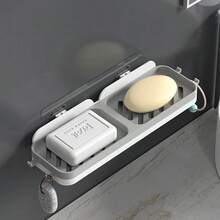 1pc Home & Commercial Dual-Row Soap Holder With Hooks, Strong Suction Cup Bathroom Wall-Mounted Soap Rack Storage Shelf - A - View 6
