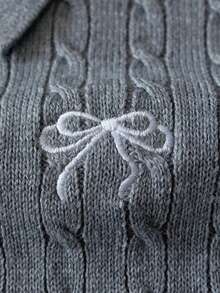 Sweater Rajut Pendek Warna Polos Gaya Preppy untuk Anak Perempuan Remaja, Dilengkapi Bordir Pita, Pullover Rajut, Lengan Panjang, Cocok untuk Pakaian Sehari-hari di Sekolah pada Musim Semi, Gugur, dan Dingin - Grey - View 5