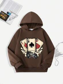 Teen Boys Versatile Personalized Poker Card Print Hoodie & Loose Wide Leg Pants 2-Piece Set, Autumn/Winter - Brown - View 4