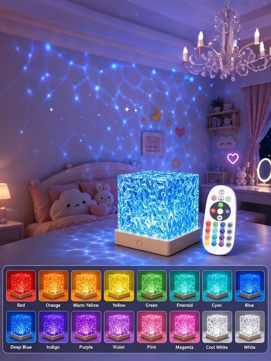 1PC 16 Color Water Ripple Projection Lamp, Remote & Touch Dual Control - USB Plug & Play (Battery Not Included), RGB Dynamic Light Effects, Crystal Cube Night Light, Bedroom Bedside Lamp, Dreamy Projection Light, Suitable For Bedroom, Game Room, Party