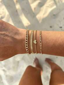 Gold Chain Bracelet Set For Women, Dainty Stackable Bracelets With Cuban Link, Herringbone, Heart Charm & Paperclip Chain, Layered Jewelry - Yellow Gold - View 1