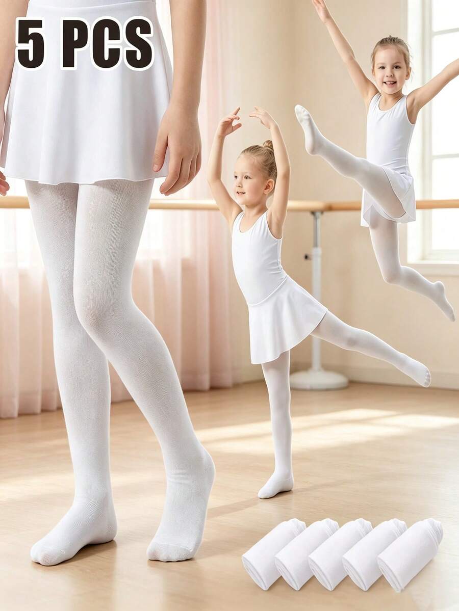 5 Pairs Girls White Dance Tights, High Elasticity Breathable Children Ballet Practice Socks, Durable Anti-Pilling Snag-Resistant, Reinforced Crotch No Sagging, Suitable For Dance Exams And Performances, Soft Skin-Friendly, Girls Daily Wear With Skirts And Pants - White - View 1