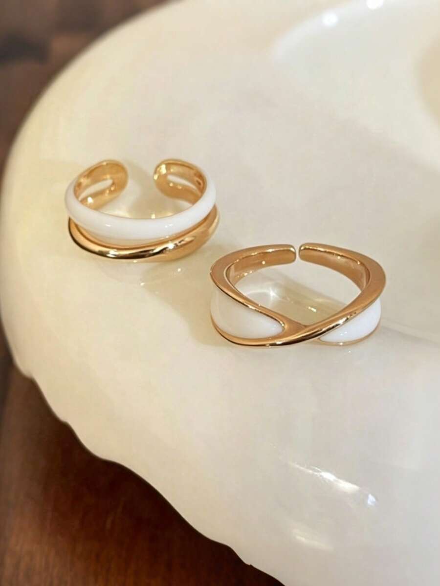2pcs Minimalist Daily Versatile Drip Oil Women's Ring Set, Stackable Sweet Luxury Style For Travel, Party, Gift - White - View 1