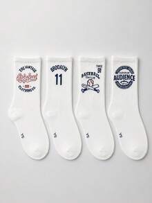 4 Pairs Men's Baseball Print Mid-Calf Socks, Comfortable Versatile College Style Men's Long Socks, Elastic Socks Suitable For Daily Wear And Sports - Multicolor - View 5