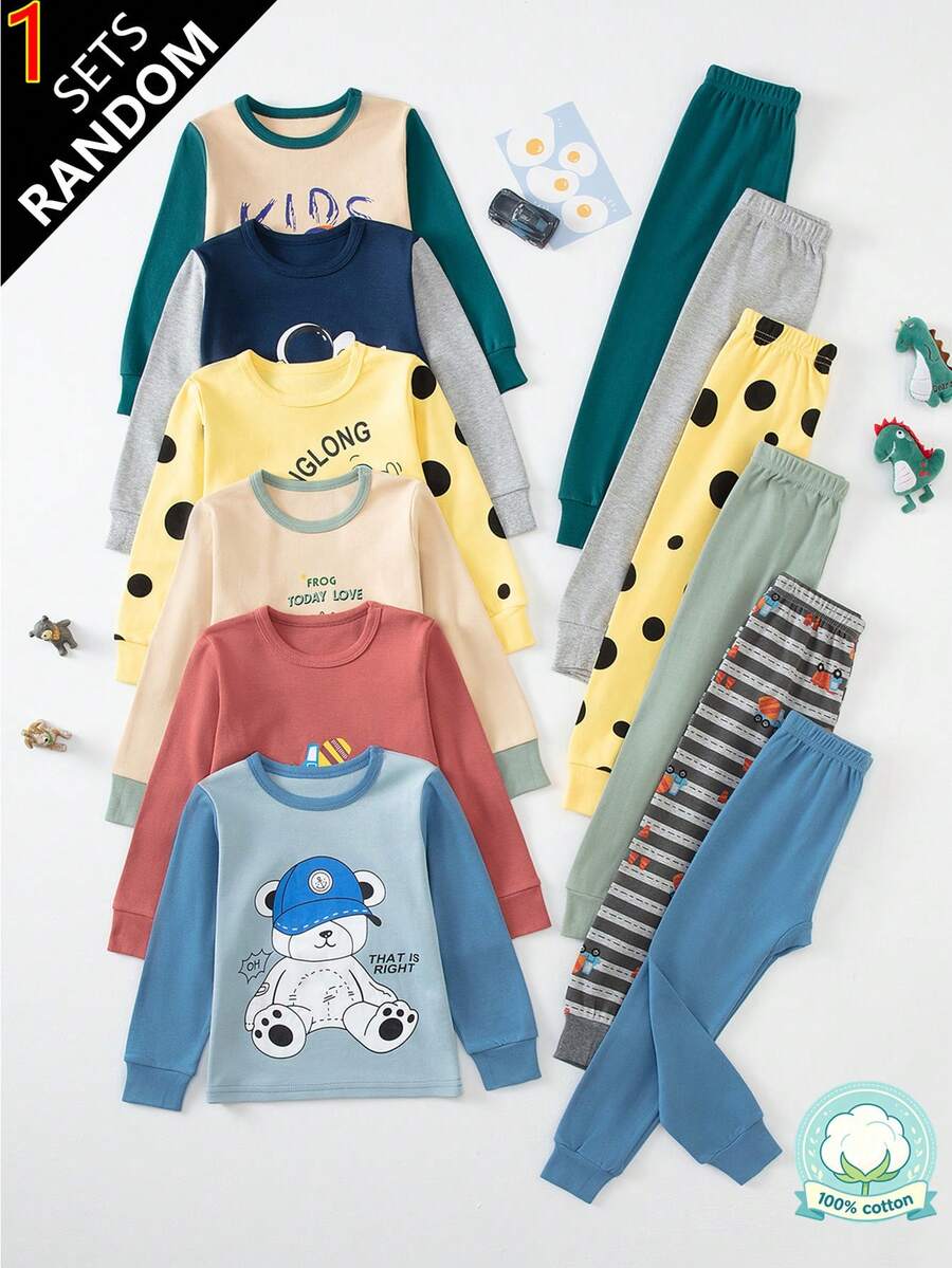 6 Sets Send 1 Set Random Boys Cartoon Pure Cotton Underwear Set Cute Print Medium Thick Long Sleeve Long Pants Loungewear Set Printed Autumn Top And Bottom - Multicolor - View 1