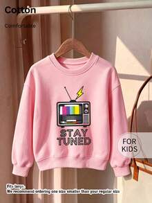 Tween Girl Crew Neck Sweatshirt, Vintage TV Stay Tuned Lightning Print Pure Cotton Pullover - Pink - View 9