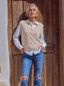 NZZOF Women's Cable Knit V-Neck Chunky Knit Vest (Shirt Not Included) - Apricot - View 6