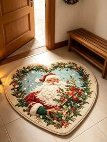 1pc Wreath Santa Claus Heart-Shaped Rug, Christmas Style, Christmas, Doormat, Small Rug, Welcome Mat, Carpet, Floor Mat, Outdoor Doormat, Kitchen Rug, Front Door Mat, Area Rug, Outdoor Mat, Home Decor, Area Carpet, Garden Rug, Washable Rug - Multicolor - View 3