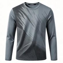 Men's Crew Neck Printed Long Sleeve T-Shirt, Street Style Versatile Long Sleeve Top - Grey - View 2