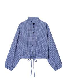 Women's Plaid Elastic Hem Long Sleeve Shirt, Casual Style, Button Front, Checkered Pattern - Blue - View 6