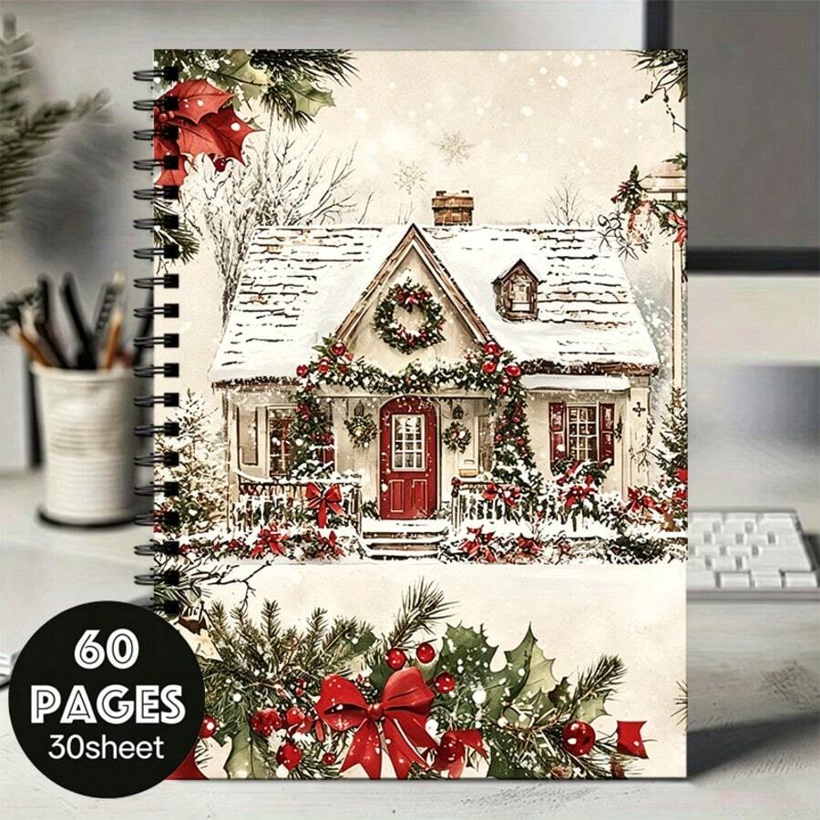 Christmas Snow House Diary, Spiral Bound 30 Sheets 60 Pages Thick Paper, Winter Cottage, Suitable For Journaling, Ideal For Home, Office, School, Holiday Gift - A5 - View 1