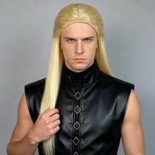Medieval Vintage Noble Men Long Blonde Synthetic Straight Wig Natural Looking Half Ponytail Stylized Cosplay Halloween Party Costume Wig - Gold - View 2