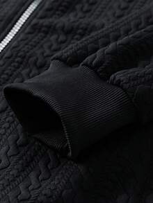 1pc Men's Black Full-Body Cable Knit Jacquard Textured Stand Collar Full Zip Cardigan, Drop Shoulder Loose Fit, Side Pockets, Minimalist Casual Style Jacket, Suitable For Daily Commute And Streetwear - Black - View 11
