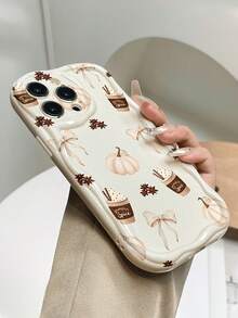 Phone Case - Fashionable Personalized Autumn Pumpkin Spice Latte Bow Pattern Phone Case, Creamy Wavy Border, Shockproof Protective Shell, Compatible With IPhone 18/18Pro/18ProMax/17/17Pro/17ProMax/16/16Pro/16ProMax/15/15Pro/15ProMax/14/13/12/11 - Beige - View 3