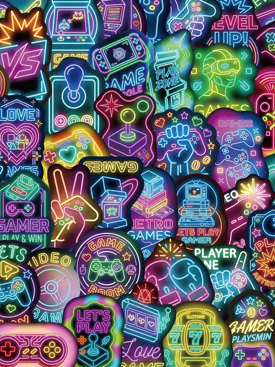 50Pcs Neon Video Game Stickers, Neon Vinyl Sticker, For Water Bottle, Laptop, Journal Scrapbook Decor - Green - View 1