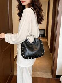 Women's Handbag & Crossbody Bag, Glossy Wrinkled Faux Leather, Metal Ring Handle, Detachable Shoulder Strap, Medium Capacity, Vintage Style, Suitable For Nightclub, Party, Date, Daily Use - Black - View 7