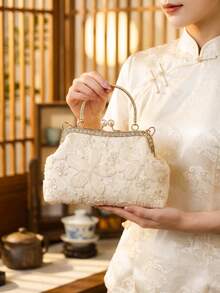Dedoo 女款晚宴手拿包，3D花卉蕾絲刺繡圖案，水鑽飾邊金屬頂把手，復古仙女風，婚禮茶會新娘手提包 - 米色 - 查看 3