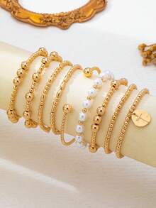 9pcs/Set Women's Gold Multi-Layer Beaded Bracelet Set, Faux Pearl And Gold Round Bead Combination Design, Minimalist Fashion Layering Style, Versatile Daily Wrist Accessory - 9-piece Set - View 3