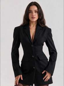 Elegant Women's Black Woven Short Jacket, Pointed Collar Long Sleeve, Button Front Jacket With Pockets, Winter Outfit Essential - Black - View 9