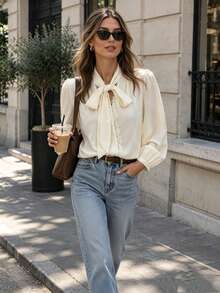 Women's Elegant Satin Blouse Lace Splice V Neck Bow Tie Neck Puff Sleeve French Style  - Beige - View 4