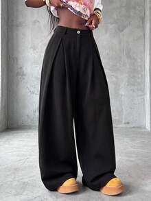 Knot & Curve Women's Long Pants Spring/Summer High Waist Multi-Pleated Design Straight Leg Pants Drape Anti-Wrinkle Metal Button Loose Wide Leg Floor-Length Dress Pants - Black - View 1