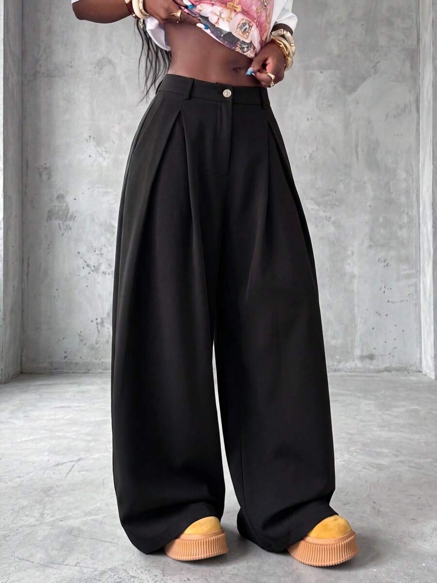 Knot & Curve Women's Long Pants Spring/Summer High Waist Multi-Pleated Design Straight Leg Pants Drape Anti-Wrinkle Metal Button Loose Wide Leg Floor-Length Dress Pants - Black - View 1