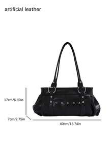 Small Niche Atmosphere, Fashionable Solid Color Rivet Eye Shoulder Bag, Simple And Atmospheric Street Style Texture Handbag, Suitable For Commuting - Black - View 6