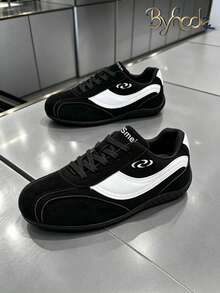 Byhode Men's Fashion Sports Shoes, Autumn/Winter Style, 1 Pair, Geometric Pattern PU Upper, Lace-Up Closure, Retro Round Toe, Casual Athletic Shoes - Black - View 6