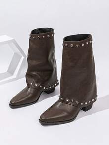 Women Rivet Stud Fold Over Western Boots, Wide Calf Pointed Toe Block Heel Booties, Edgy Vintage Festival Streetwear Fall Winter Shoes - Brown - View 4