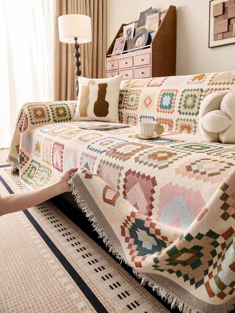 1pc Bohemian Geometric Rhombus Pattern Sofa Cover Blanket With Tassels, Universal One-Piece Sofa Slipcover, Washable Anti-Cat Scratch Furniture Protector, Suitable For 1/2/3 Seater Sofa, Home Decor - Multicolor - View 1