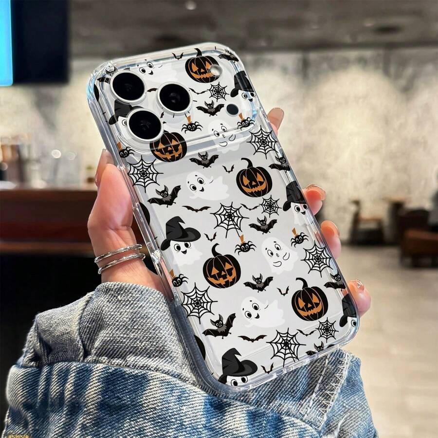 1PC Cute Halloween Ghost Pumpkin Bat Spider Web Pattern Shockproof Soft TPU Protective Case Compatible With Iphone 17/17Promax/17pro/13/16Promax/16/15/14/12Promax/13Pro/11Pro/14Pro/15Promax/12 Fashionable Protective Soft Shell, Premium Luxury Gift Phone Case - Multicolor - View 1