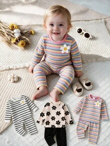6pcs Baby Girl Spring/Autumn Set, 3D Flower Long Sleeve Top & Long Pants, Casual Home Base Layer, Multi-Color - Multicolor - View 4