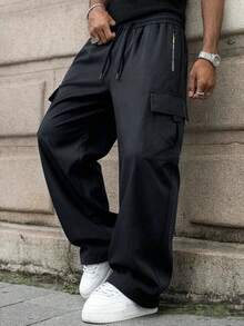 New Men's Casual Sports Cargo Pants, Suitable For Streetwear, Home, Simple Daily Wear, Elastic Waistband With Drawstring, All-Season Wear, Perfect Gift For Husband, Boyfriend, Father - Black - View 5