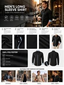 Men's Minimalist Commuter Color Block Striped Print Front Button Long Sleeve Shirt - Black - View 7