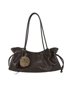 Vintage Drawstring Underarm Shoulder Tote Bag, Paired With Atmospheric Hanging Decorations, Suitable For Daily Commuting, Shopping, Dating, And Travel - Coffee - View 7