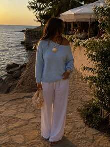 Women's Loose Round Neck Knitted Sweater, Ribbed Knit, Dropped Shoulder Long Sleeve, Light Blue Pullover, Autumn/Winter Style - Sky Blue - View 3