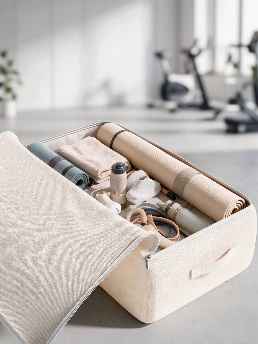 1PC Beige Linen‑Look Storage Tote Bag With Transparent Window, Portable Carry Handles Large Capacity Foldable Fabric Organizer For Clothes, Bedding, Toys, Sports Gears, Home Closet Bedroom Storage Solution - Apricot - View 1
