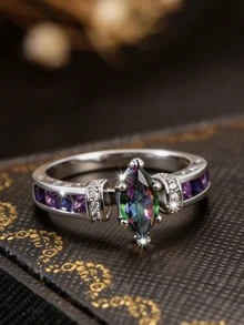 1pc Women's Marquise-Shaped Multi-Color Cubic Zirconia Ring, Suitable For Wedding, Engagement, Anniversary, Party Wear, Valentine's Day Gift, No Packaging Box - Silver - View 1