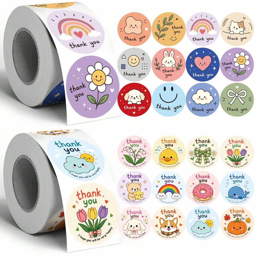 500 lembar Stiker Ucapan Terima Kasih Bahasa Inggris dengan Ilustrasi Lucu, Bulat 1 inci, 12 Desain per Gaya, Pelangi, Hewan, Bunga, Cocok untuk Penyegelan Kotak Hadiah Kue, Kemasan Suvenir, Scrapbooking, Stiker Hadiah Anak-anak, Kemasan Ekspres Kreatif, Dekorasi Kios Pasar - MultiWarna - View 1