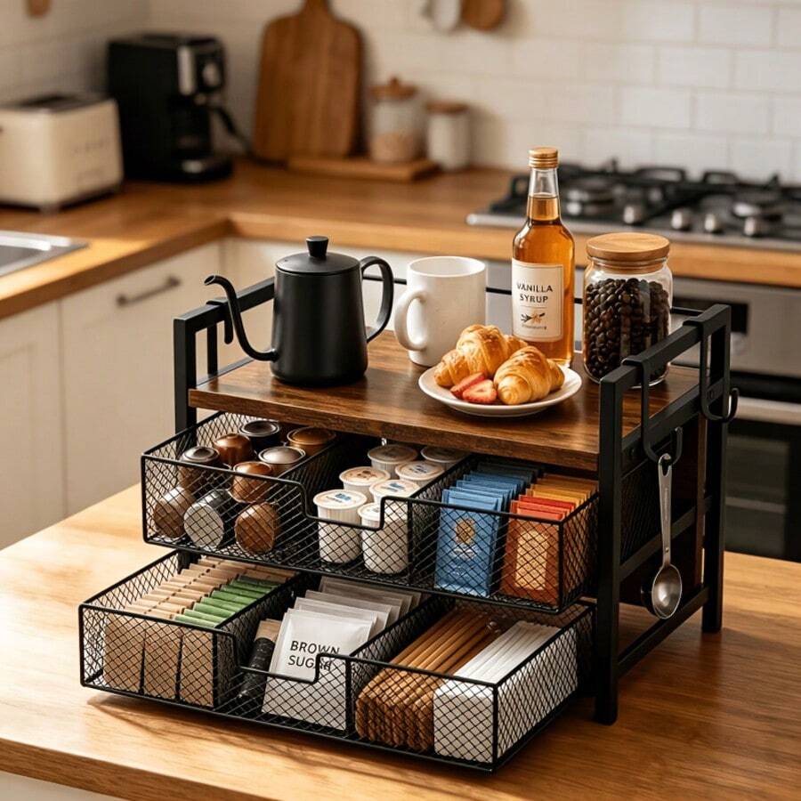 1pc Double-Layer Coffee Station Storage Rack With Detachable Hooks And Divided Mesh Drawer, Multi-Functional Countertop Organizer For Coffee Pods, Tea Bags, Bar Tools And Pantry Snacks, Space-Saving Home Kitchen Coffee Bar Accessory - Multicolor - View 1