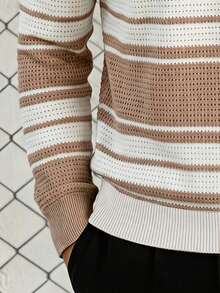 GRDR Men's Striped Colorblock Hollow Knit Sweater - Fashionable Minimalist Long Sleeve Pullover - Apricot - View 11